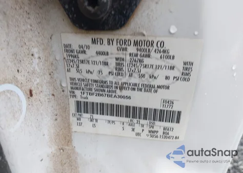 2011 Ford F-250 Xl from USA, damaged, VIN 1FTBF2B67BEA30056